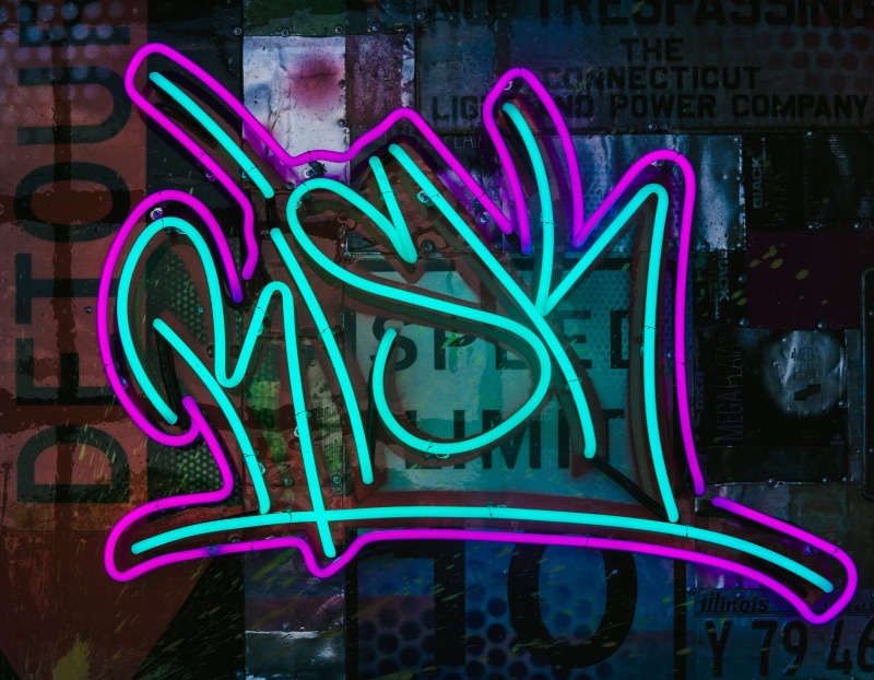 art and craft, indoors, communication, capital letter, teal, motion, multi colored, 4K, night, glowing, neon, graffiti, western script, love, close-up