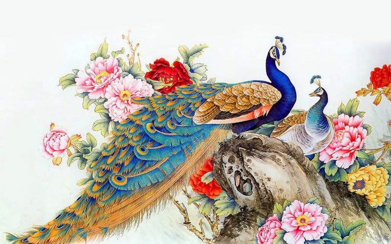 Painting, Birds, Peacock, Artistic, Colorful, 720P, Bird, Flower