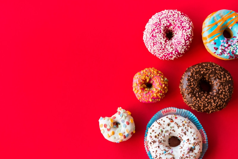 no people, freshness, sweet, temptation, food, 4K, donut, colorful, sprinkles, sugar, red, kids, room for text, indulgence, colors, colored background