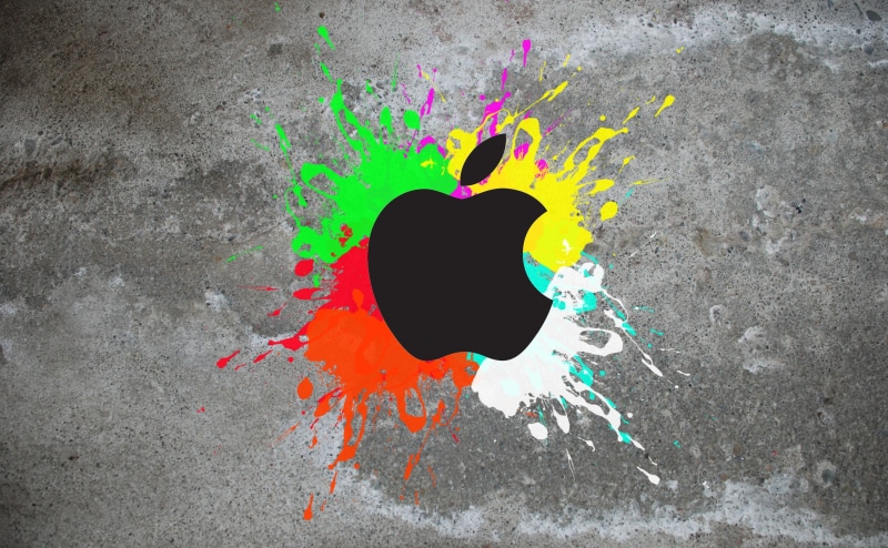 splash, directly above, colorful apple, Mac, green color, splashing, gray, 4K, messy, high angle view, stained, paint, outdoors, blob, multicolored, Computers