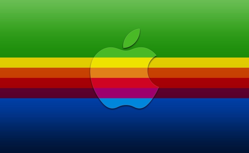 yellow, multi colored, pattern, color gradient, rainbow, Computers, shape, art and craft, Apple, green color, Background, 2K, logo, backgrounds, red