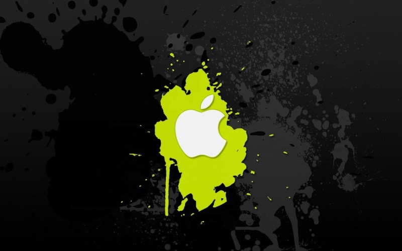 yellow, apple, close-up, logo, splashing, indoors, selective coloring, studio shot, creativity, digital art, no people, day, black background, drop, paint splatter