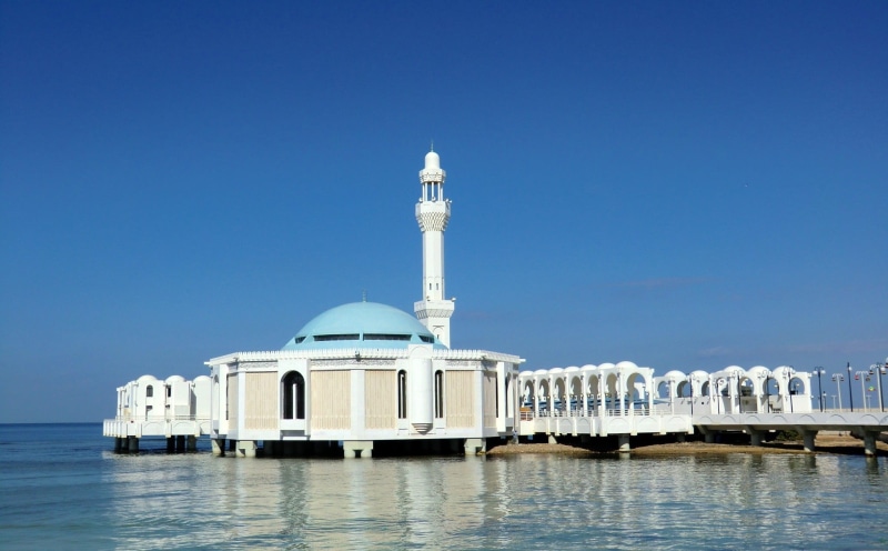 building exterior, mosque, arab, blue, floating mosque, white color, travel destinations, culture, body, arabian, luxury, saudi arabia, white, 1080P, sky
