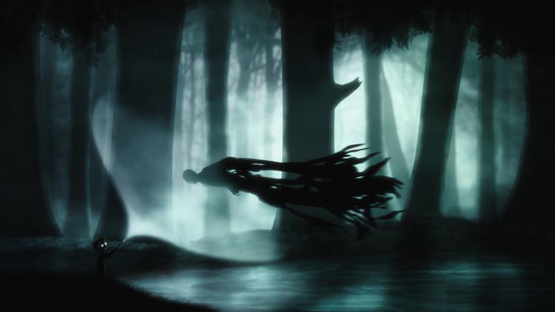 forest, one person, flying, dark, women, monster, curtain, water, side view, tree, indoors, nature, digital, silhouette, stage, day, fantasy