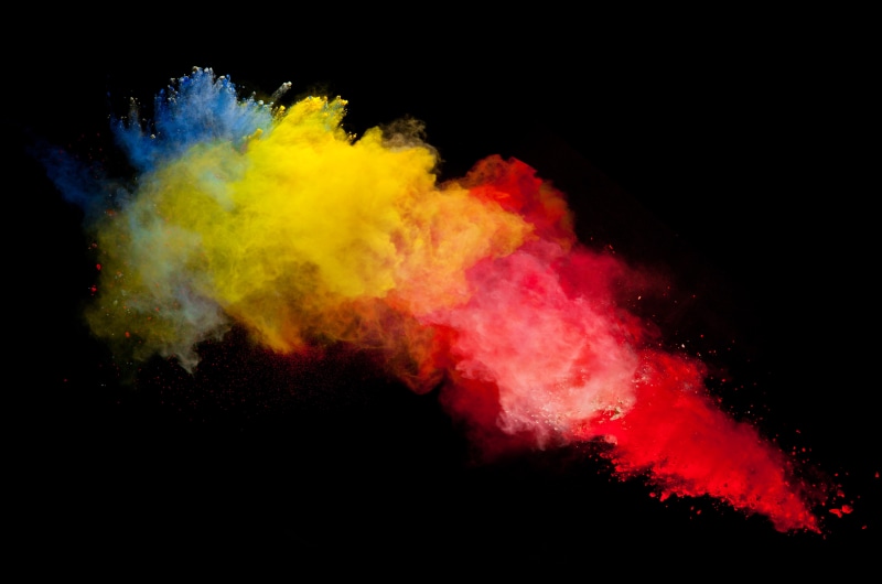 creativity, face powder, red, abstract, impact, 5K, black background, indoors, exploding, strength, no people, talcum powder, multi colored, motion, nature
