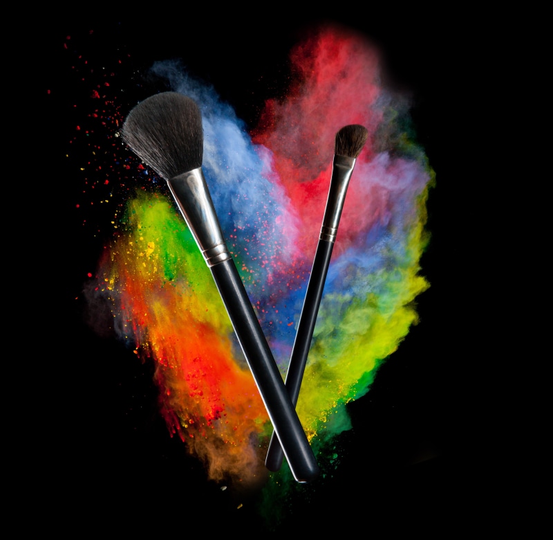 variation, powder, red, indoors, beauty product, make-up brush, 4K, paint, black background, motion, brush, choice, paintbrush, face powder, creativity