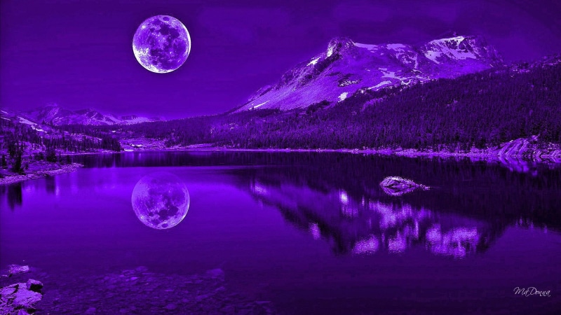 nature and landscapes, mountains, lake, purple, 1080P, mysterious, full moon, reflection, nights