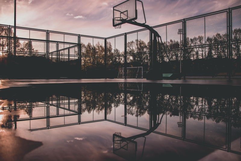 5K, lake, reflection, sunset, architecture, trees, waterfront, basketball, basketball basket, low angle shot, no people, basketball court, beauty in nature