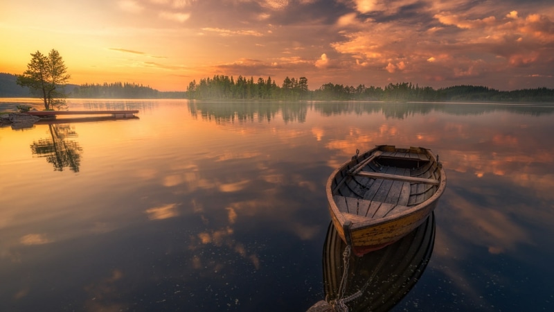 boat, 1080P, waterway, reflected, nature, calm, water, evening, sky, reflection, lake, sunset, loch, horizon