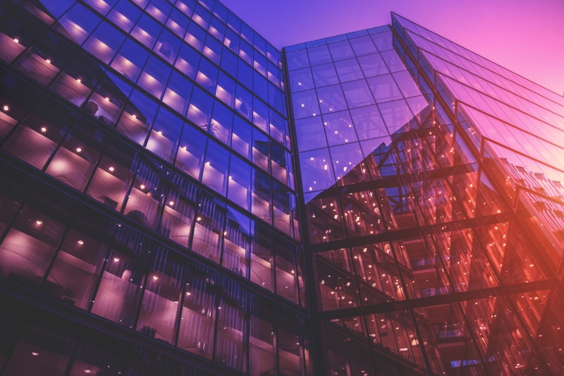 low angle view, office, Glass, glass - Material, built Structure, window, downtown District, buildings, purple, building Exterior, urban Scene, sunset