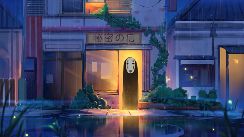 rain, reflection, Spirited Away, Kaonashi, light effects, 4K