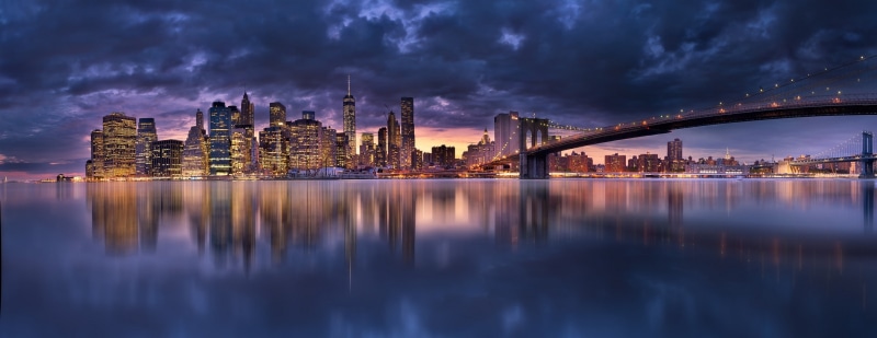 Brooklyn Bridge, modern, Manhattan, urban, panoramas, building, sea, architecture, skyscraper, landscape, reflection, 2K, clouds, bridge, New York City