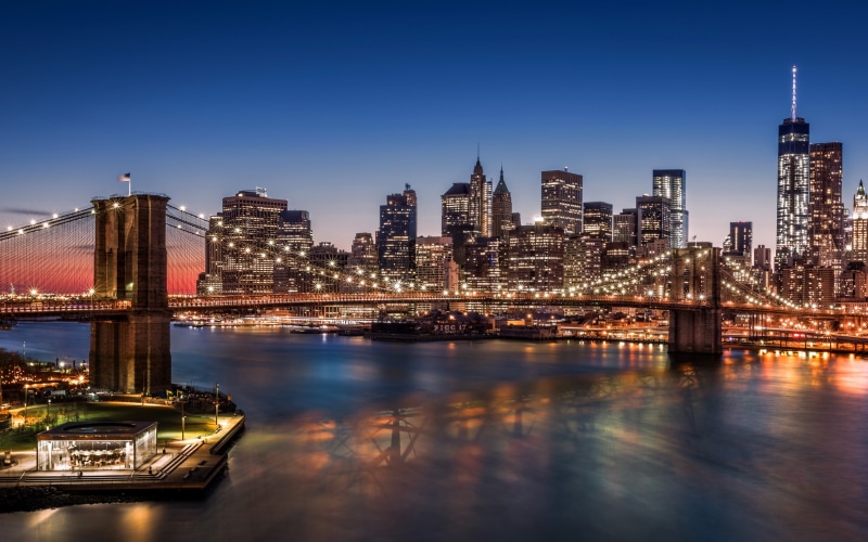 extension, Skyscrapers, new, bridge, harbour, Brooklyn Bridge, lights, york, New York, brooklyn, 2K, Night, city, USA, Manhattan