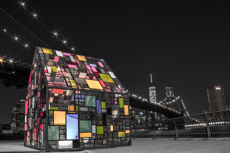 glass, business, multi colored, gallery, tower, USA, Brooklyn Bridge, night, financial district, artwork, 720P, tall - high, illuminated, lighting equipment