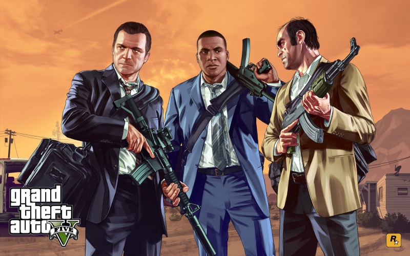 GTA V, gta 5, bag, Grand Theft Auto V, M4, costume, gta, Michael Townley, 2K, AK-47, Franklin Clinton, machines, Rockstar, Trevor Phillips, the bandits