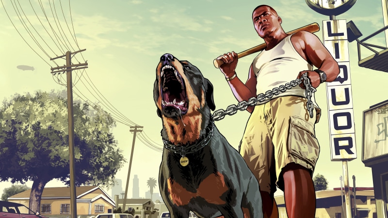franklin, dog, theft, illustration, 4K, grand, gta, auto, gta 5
