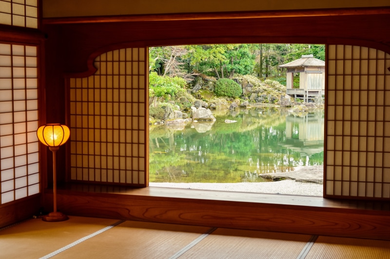 japan garden, asia, entrance, shoji, kyoto City, building, body, glass - material, water, house, tranquility, landscape, tree, architecture, east Asian Culture