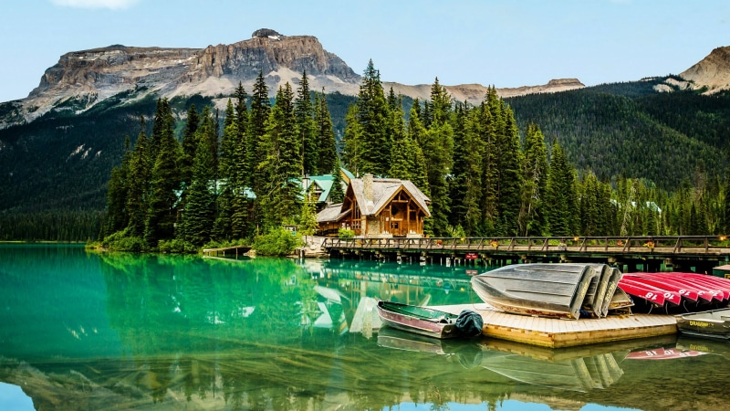 national park, tourism, tourist attraction, tree, emerald lake, yoho national park, mount scenery, mountain range, water, sky, 4K, mountain, mountainous landforms