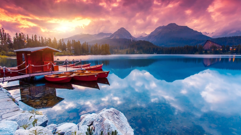 tourism, 4K, boat, national park, sky, reflection, cloud, landscape, high tatra, tatra national park, sunset, slovakia, morning, mountain range, boats
