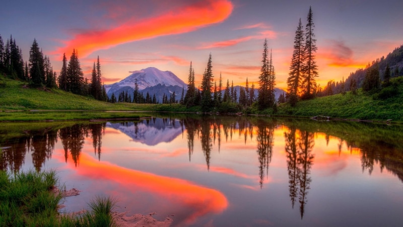 sky, tipsoo lake, 1080P, evening, lake, mount scenery, landscape, sunset, mount rainier national park, mountain, wilderness, nature, reflection, alpine lake