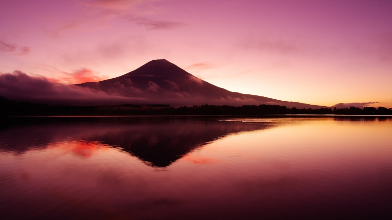 reflected, reflection, mt fuji, mount fuji, purple sky, sizuoka, lake, fujinomiya, asia, 4K, lake tanuki, japan, honshu, purple landscape, mountain