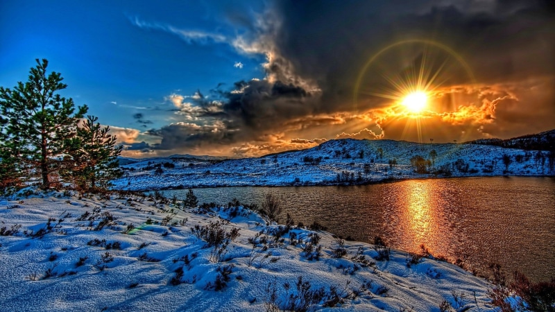 scene, tourism, clear, non-urban scene, tranquility, sea, 1080P, ocean, winter, lake, resort, cloud, reflection, idyllic, landscape, sunlight, snow, sand