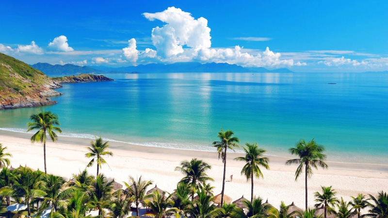 cloud, water, tropical tree, scenic, sea, tranquility, tranquil scene, no people, shore, ocean, outdoors, travel, nature, turquoise colored, summer, sunny
