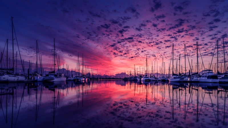 waterway, water, purple clouds, sunset, afterglow, evening, horizon, 4K, reflection, calm, pink sky, boat, dock, marina, dusk, yacht, purple sky, sky