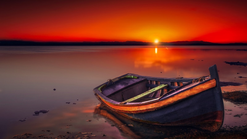 evening, transportation, sunset, dusk, tranquility, rowboat, horizon, boat, orange color, sky, 4K, no people, mode of transportation, red sky, fishing boat