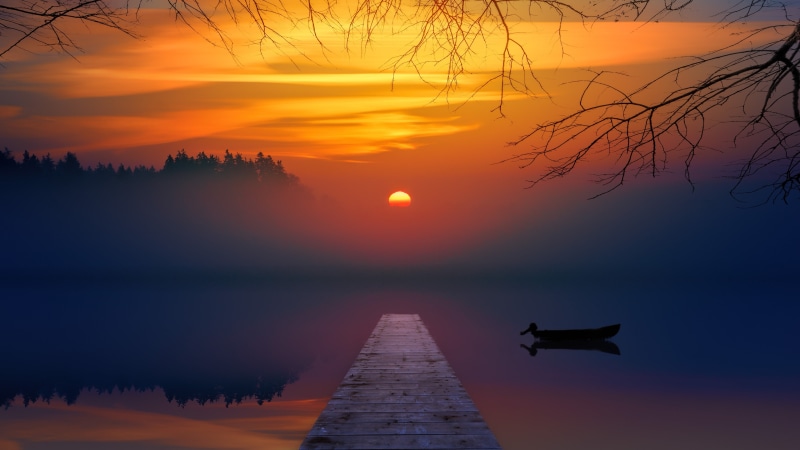 sunset, lake, dock, dusk, water, pier, red sky, nature, sky, calm, reflection, evening, sun, 4K, horizon, afterglow, boat