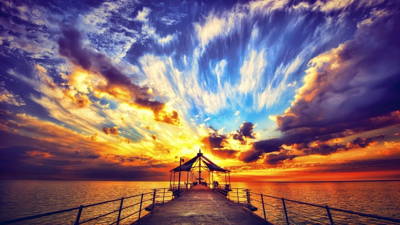 cloud, pier, water, dusk, 4K, horizon, sea, nature, evening, romantic, afterglow, sunset, sky, calm