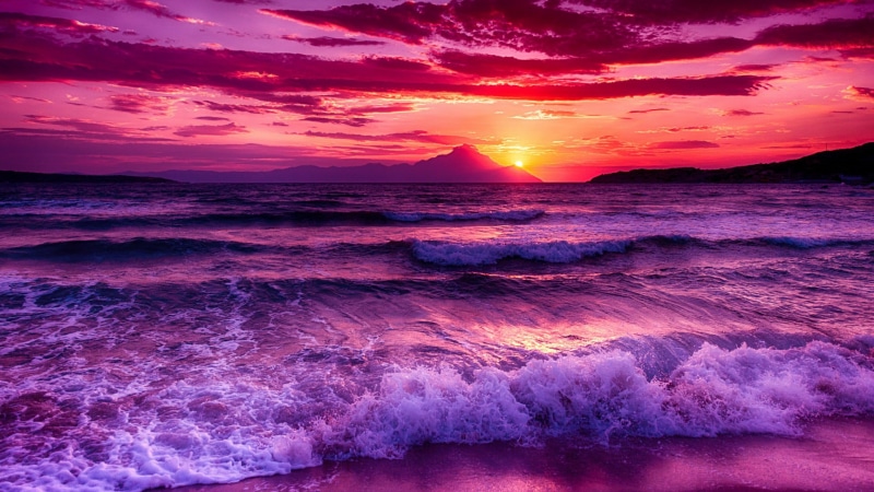 purple, shore, pink sky, outdoors, idyllic, cloud - sky, horizon, motion, sea, wind wave, 1080P, beauty in nature, aquatic sport, no people, orange color
