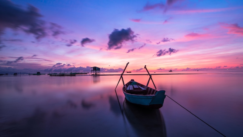 evening, sea, asia, sunset, vietnam, calm, purple sky, reflection, purple sunset, boat, 4K, phu quoc, purple landscape