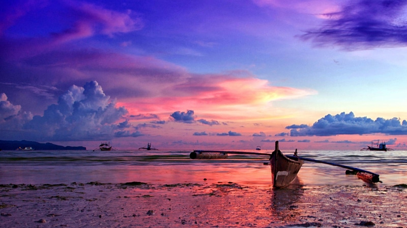 utrigger canoe, boat, reflection, horizon, sunset, sea, banka, philippines, 4K, afterglow, evening, dusk, calm, fishing boat, filipino, pink sky, beach