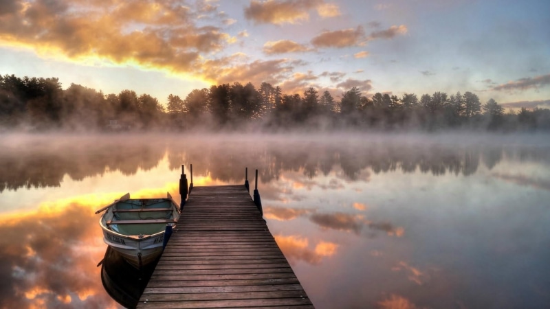boat, tree, no people, non-urban scene, dawn, 1080P, atmosphere, water, calm, beauty in nature, tranquil scene, fog, sunrise, cloud - sky, sky, mist, reflection