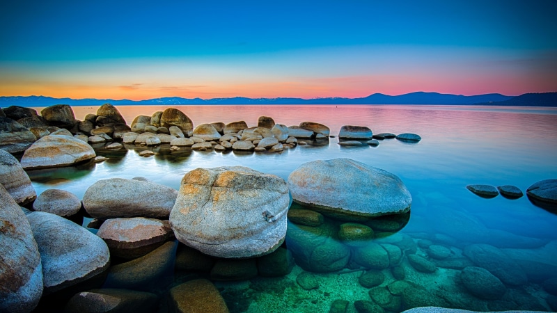calm, coast, lake, dawn, morning, 5k, 5K, sunrise, nature, horizon, sea, stone, sky, united states, ocean, lake tahoe, 5k uhd, reflection, rock, landscape