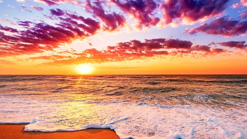 beach, ocean, land, outdoors, water, morning, scenics - nature, no people, cloud - sky, orange color, wave, tranquility, sun, beauty in nature, dawn, sunrise