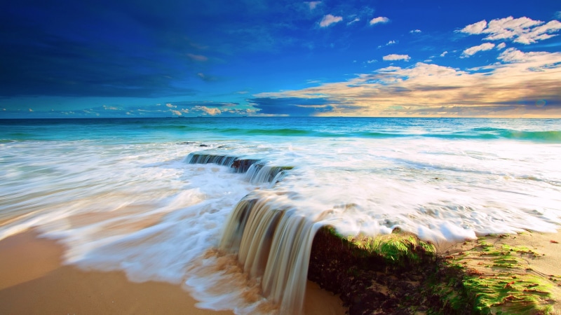 ocean, wave, beach, coast, body of water, 4K, tropics, calm, water, shore, cloud, summer, horizon, sea, sky
