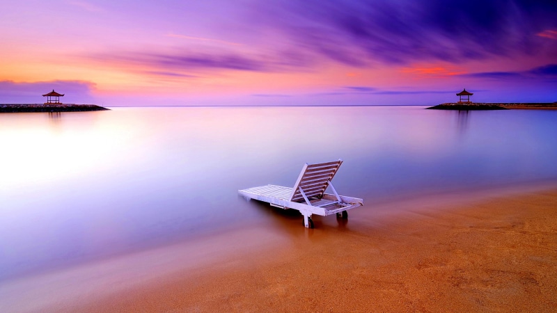 shore, 4K, relax, asia, sunbed, summer, horizon, ocean, beach, calm, bali, sandy beach, atmosphere, sand, sunrise, sanur beach, vacation, purple sky, sea
