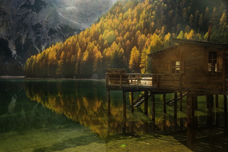 brown, outdoors, built structure, day, cabin, mountains, 1080P, fall, forest, beauty in nature, sunlight, Italy, reflection, plant, nature, no people