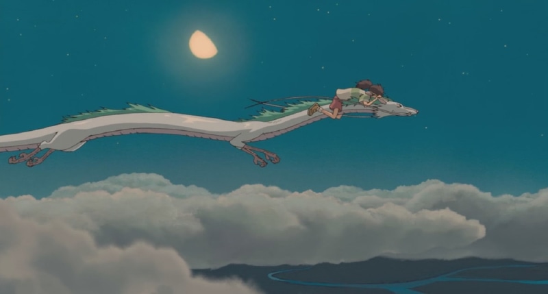 copy space, mid-air, studio ghibli spirited away, fantasy, motion, full length, cloud - sky, freedom, nature, sky, young adult, one person, adult, dreamlike