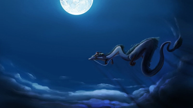 undersea, blue, moon, invertebrate, underwater, nature, animal themes, 1080P, swimming, dragon, Haku, dark, beauty in nature, water, cloud - sky, Studio Ghibli