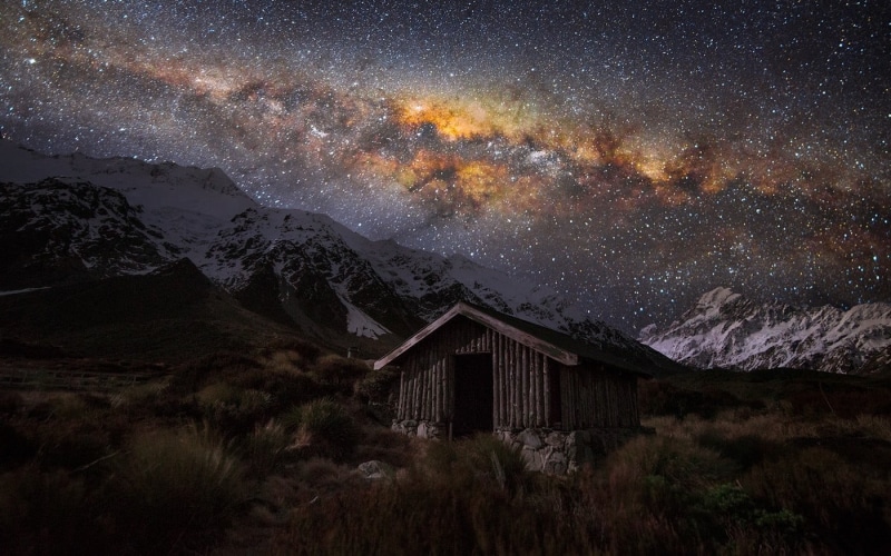 sky, universe, star - space, architecture, no people, hut, New Zealand, infinity, beauty in nature, starry night, building exterior, 720P, mountain