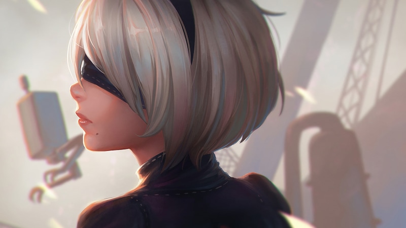 artwork, 1080P, mask, women, digital art, 2B (Nier: Automata), video games, 2B, white hair, Nier: Automata, NieR