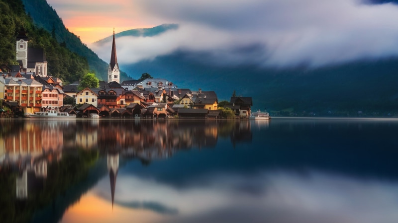 reflection, mountain village, water, village, 1080P, hallstatter see, sky, lake, europe, mountain lake, nature, cloud, austria, hallstatt
