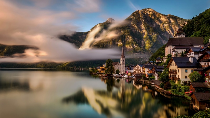 water, sky, mountain, mountain village, hallstatt, lake hallstatt, salzkammergut, mountain lake, nature, austria, 8K, europe, tourist attraction, church