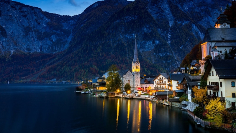 sky, built structure, church, building, outdoors, hallstatter see, mountain village, tourist attraction, hallstatt lake, hallstattersee, hallstatt, city