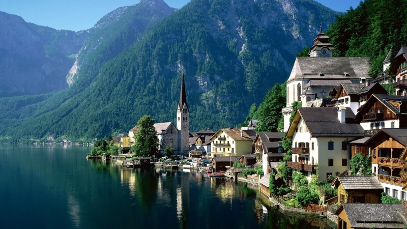 city, day, lake, hallstatt, built structure, water, architecture, outdoors, austria, building, beauty in nature, mountainous landforms, townscape, mountain range