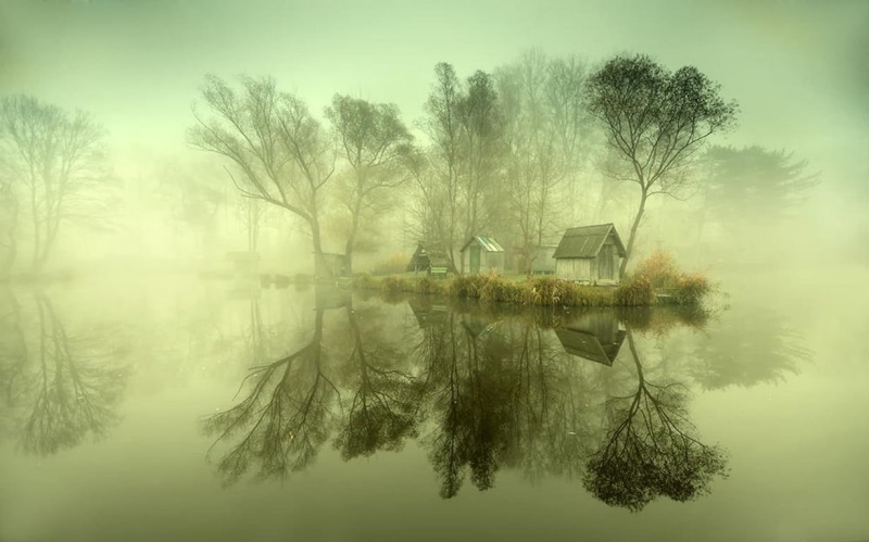 morning, landscape, shrubs, symmetry, non-urban scene, hazy, calm, house, idyllic, tree, 480P, nature, waterfront, water, no people, reflection lake, lake