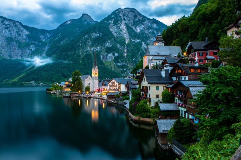 city, Dachstein Mountains, Lake, Nature, near, Hoher Dachstein, photo, water, landscape, church, trees, mountains, evening, Salzkammergut, Österreich, Alps